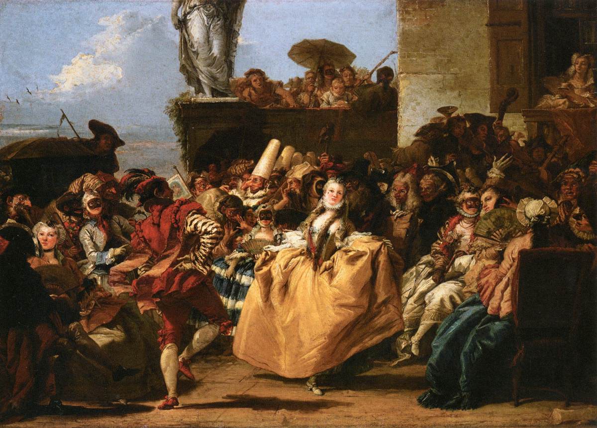 Pintura de Giandomenico Tiepolo com pessoas mascaradas em uma cena de Carnaval veneziano