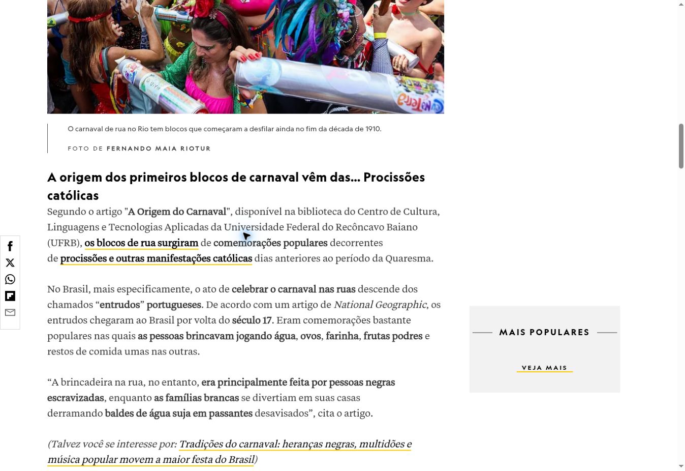Captura da reportagem da National Geographic com referência à matéria A origem do Carnaval, da Biblioteca do CECULT/UFRB.