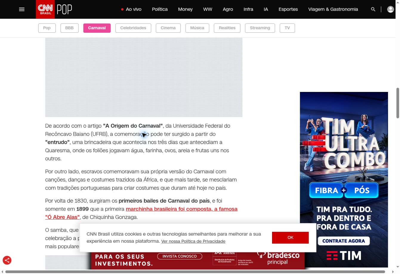 Captura da CNN Brasil com atribuição explícita ao artigo A Origem do Carnaval, da UFRB.