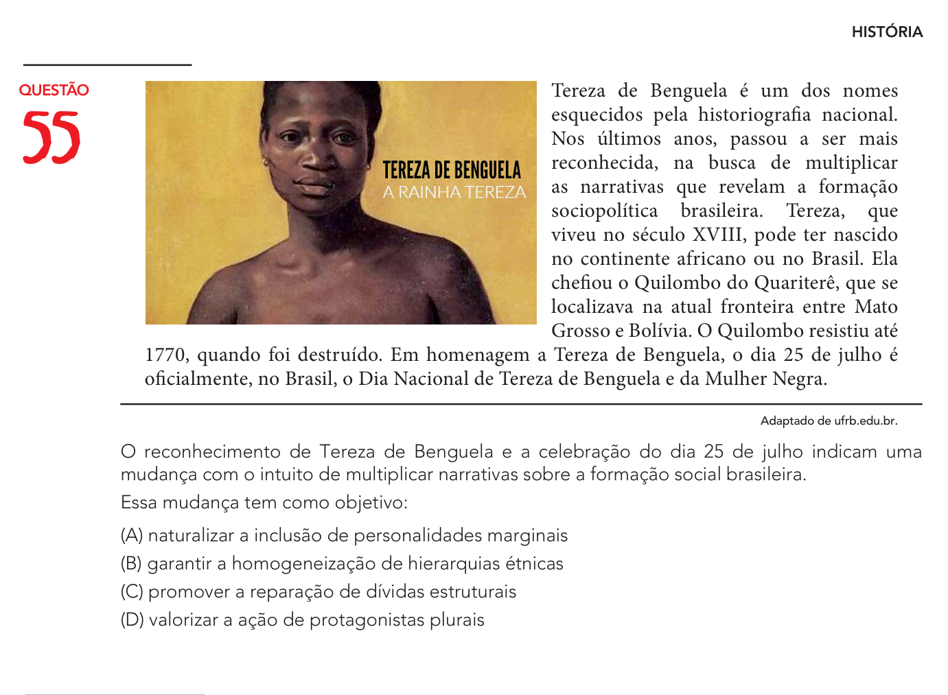 Questão 55 da UERJ, com texto adaptado da Biblioteca sobre Tereza de Benguela e indicação da UFRB como fonte.