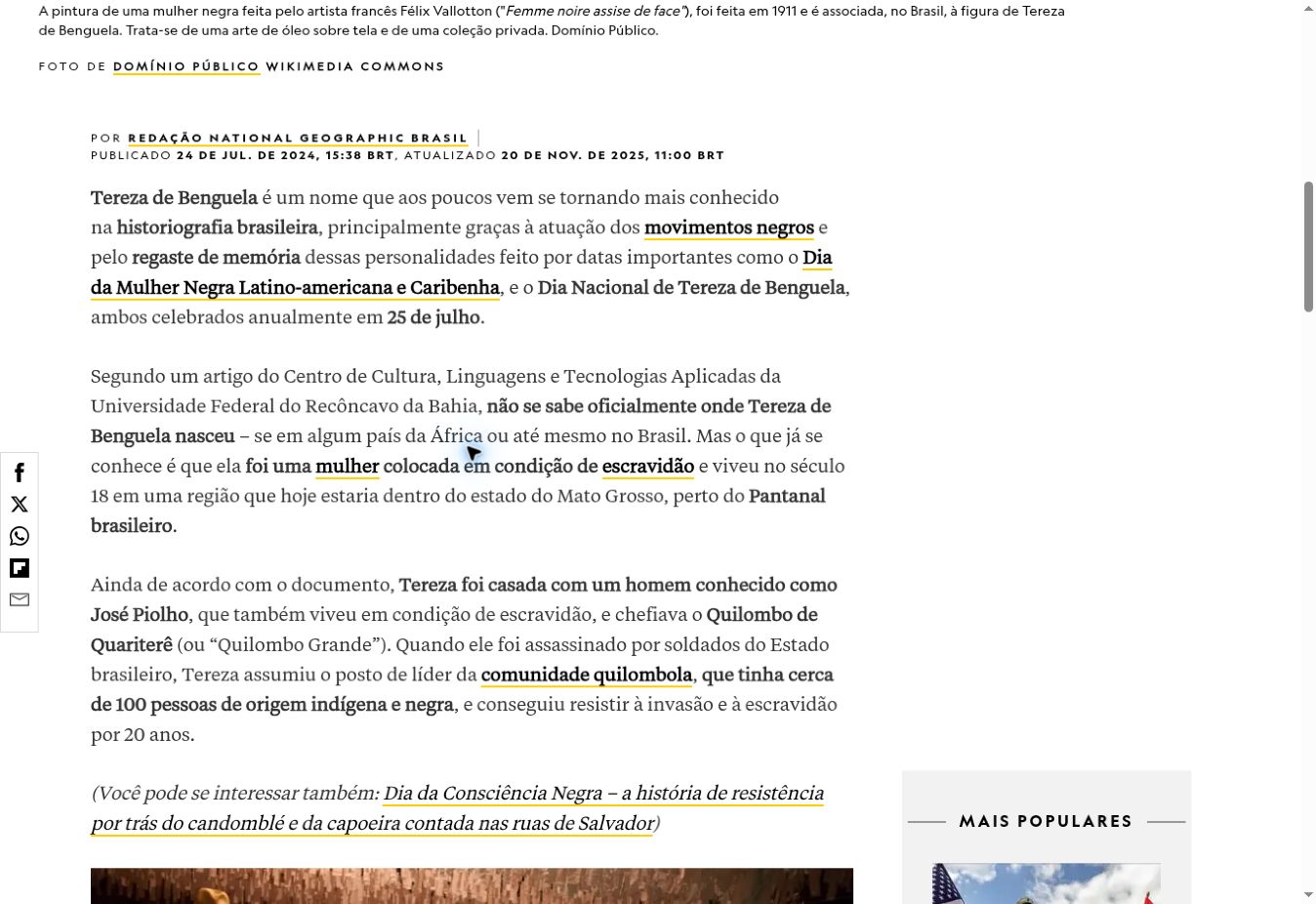 Trecho da reportagem da National Geographic sobre Tereza de Benguela com menção à Biblioteca do CECULT/UFRB.