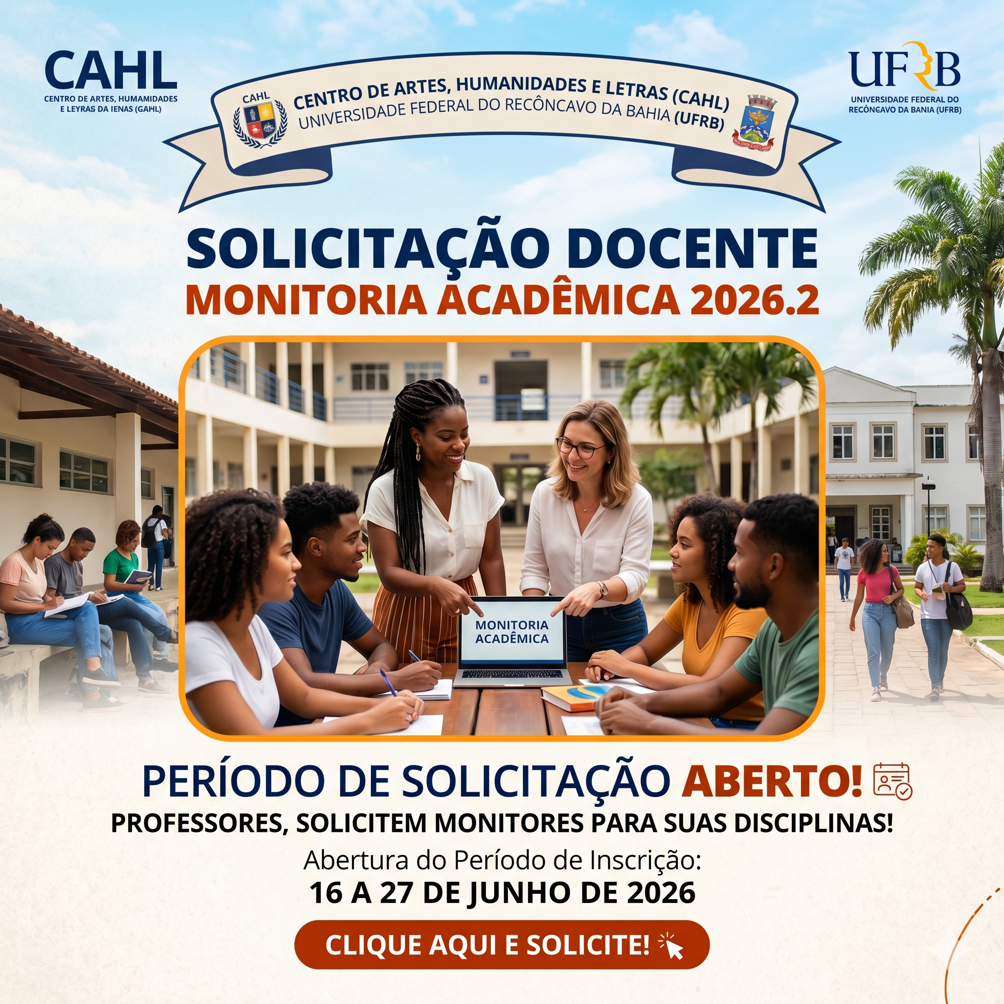 Período de solicitação docente monitoria acadêmica 2026.2