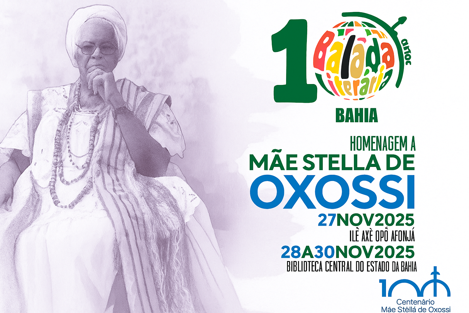 De 27 a 30 de novembro, a Balada Literária da Bahia destaca a literatura negra e o centenário de Mãe Stella de Oxóssi