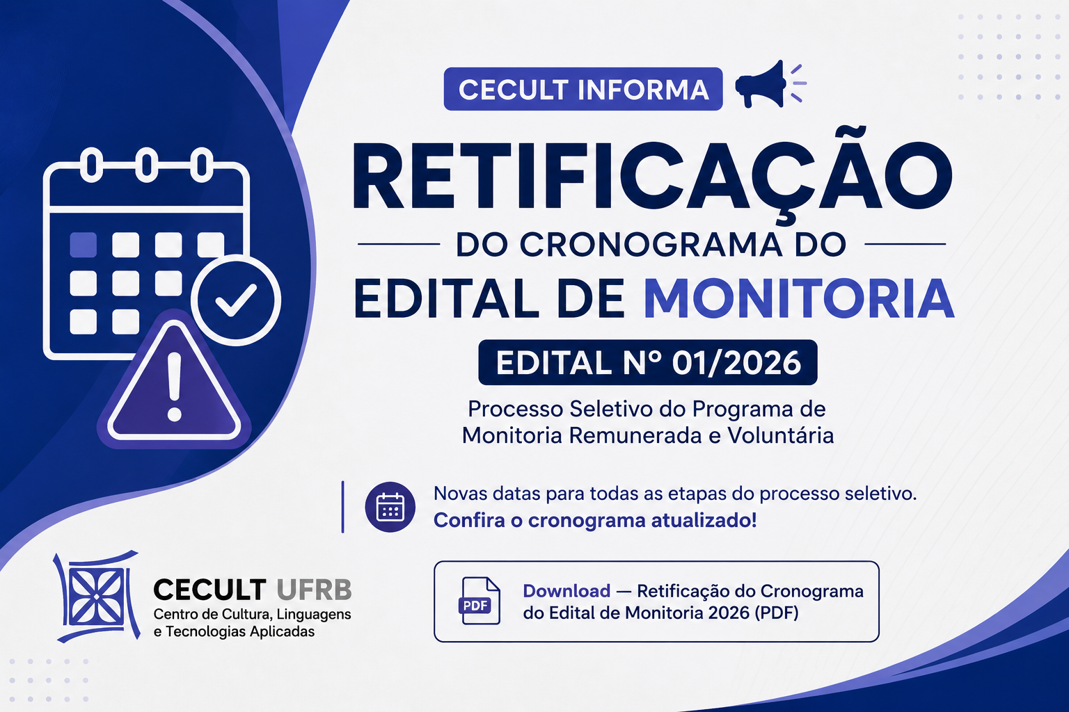 Retificação do cronograma do Edital de Monitoria 2026