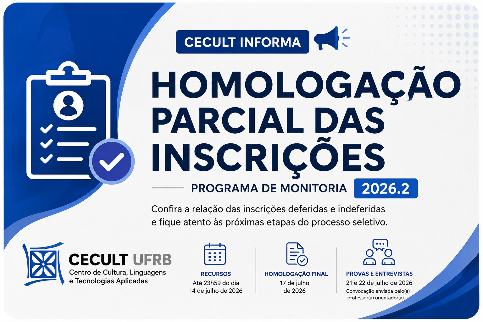 CECULT divulga homologação parcial das inscrições da Monitoria 2026.2