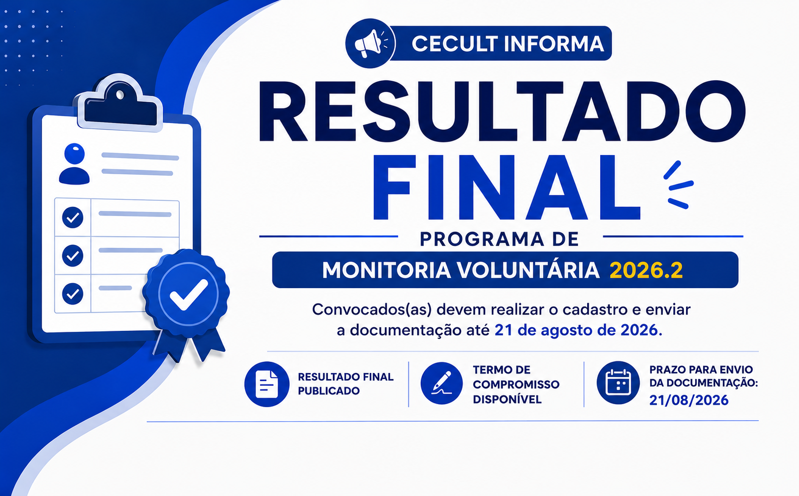 CECULT divulga resultado final da Monitoria Voluntária 2026.2 e orienta estudantes convocados