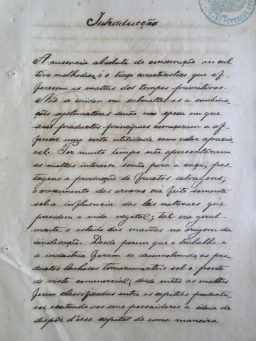Página da dissertação "A Exploração das Matas", apresentada à Escola Agrícola da Bahia em 1897